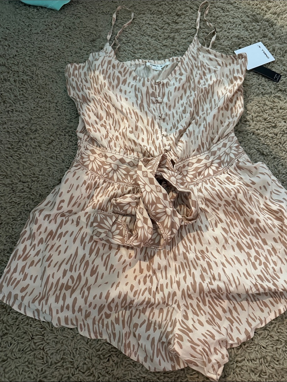 O'Neill Beige and Light Brown Printed Spaghetti-Strap Dress